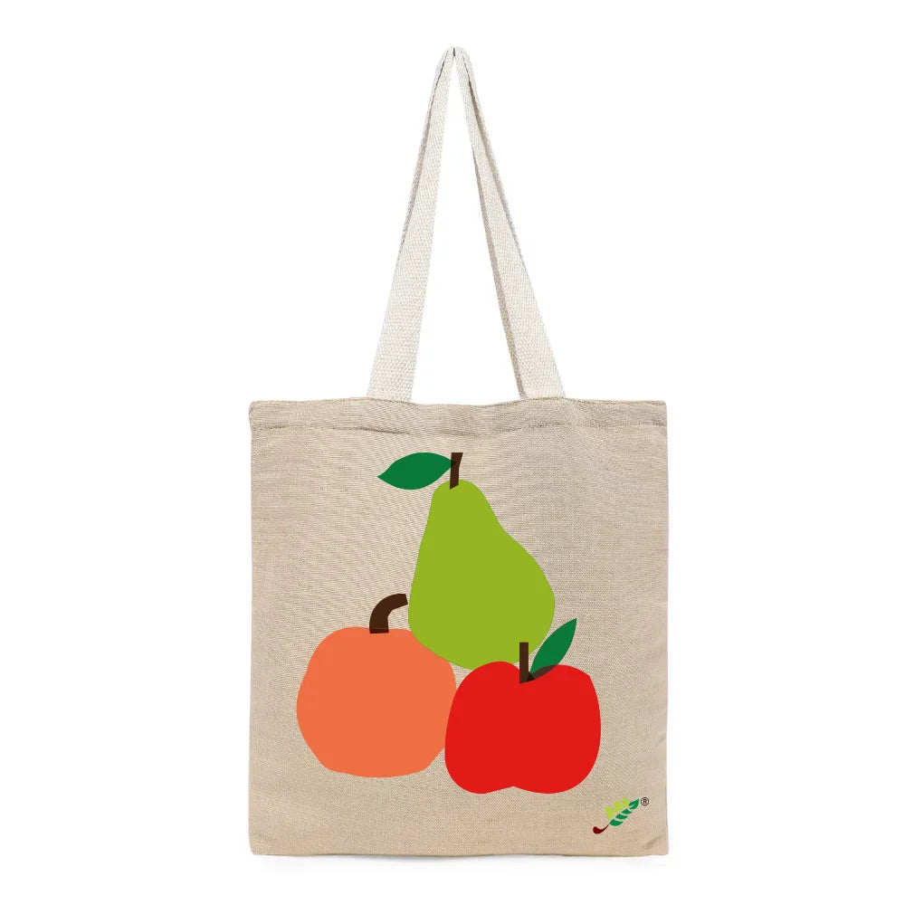 BYFT Vibrant Fruit Stack Tote Bag – Artistic Apple, Pear & Peach Printed Reusable Tote | Eco-Friendly Daily Carry Bag (Set of 1)