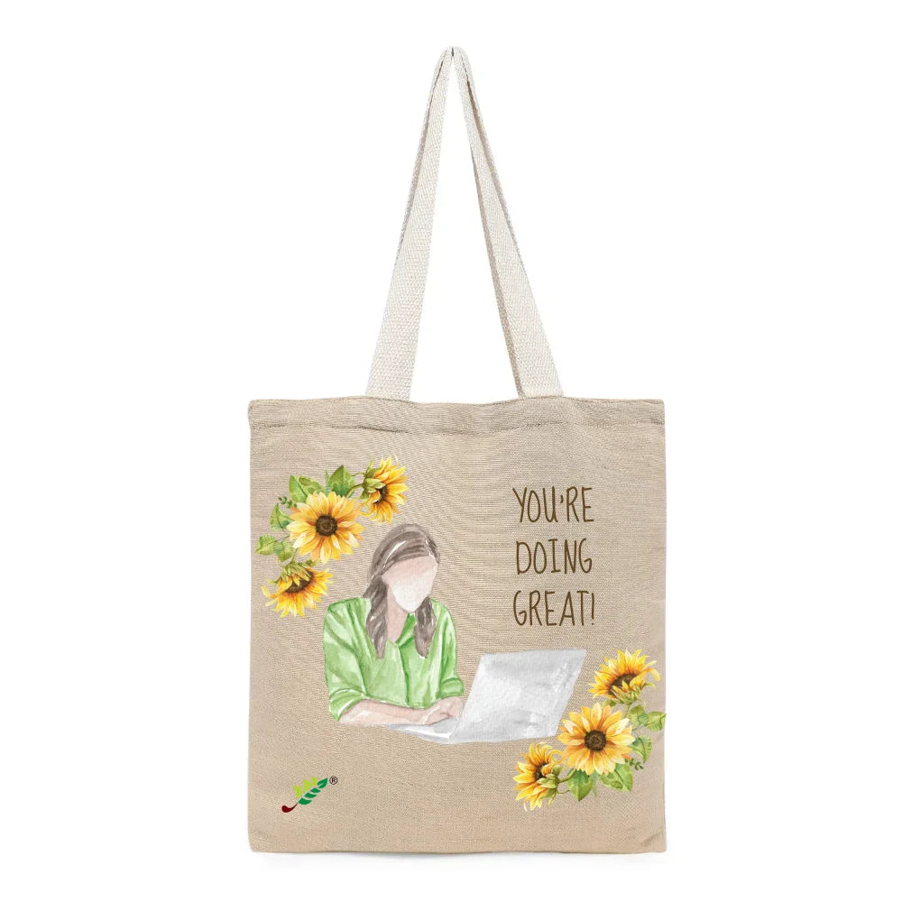 BYFT Inspirational "You're Doing Great" Tote Bag – Sunflower Printed Reusable Tote | Eco-Friendly Daily Carry Bag (Set of 1)