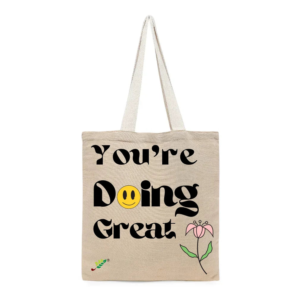 BYFT Retro "You're Doing Great" Tote Bag – Groovy Smiley Face & Floral Printed Reusable Tote | Eco-Friendly Daily Carry Bag (Set of 1)