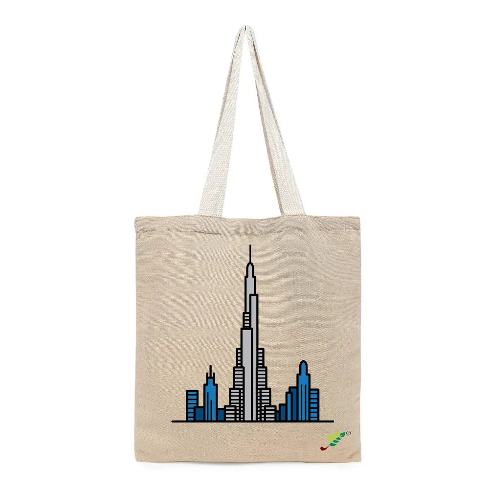 BYFT Modern Cityscape Tote Bag – Dubai Rise Skyline Printed Reusable Tote | Eco-Friendly Daily Carry Bag (Set of 1)