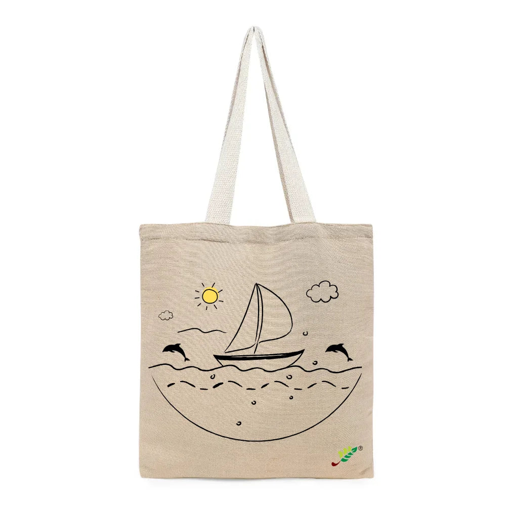 BYFT Nautical Adventure Tote Bag – “Ocean Dreams” Sailboat & Dolphin Printed Reusable Tote | Eco-Friendly Daily Carry Bag (Set of 1)