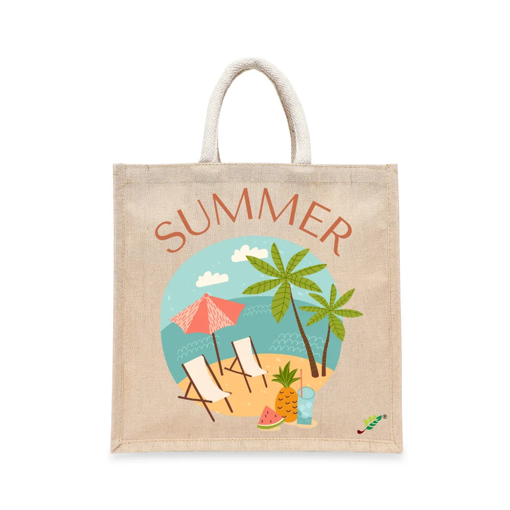 BYFT Tropical Beach Tote Bag – “SUMMER” Vacation Scene Printed Reusable Tote | Eco-Friendly Daily Carry Bag (Set of 1)