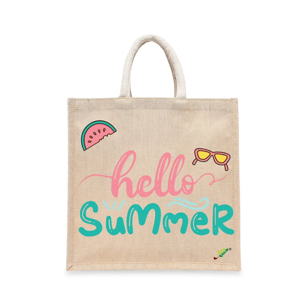 BYFT Tropical Beach Tote Bag – “Hello Summer” Script with Watermelon & Sunglasses Reusable Tote | Eco-Friendly Daily Carry Bag (Set of 1)