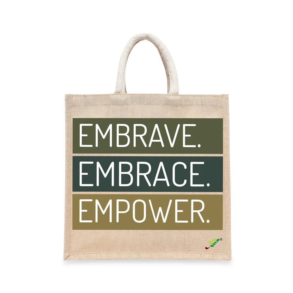 BYFT Inspirational Typography Tote Bag – “Embrave. Embrace. Empower.” Printed Reusable Tote | Eco-Friendly Daily Carry Bag (Set of 1)