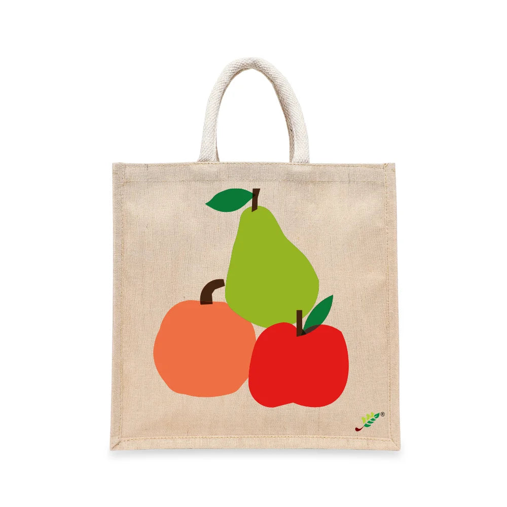 BYFT Vibrant Fruit Stack Tote Bag – Artistic Apple, Pear & Peach Printed Reusable Tote | Eco-Friendly Daily Carry Bag (Set of 1)