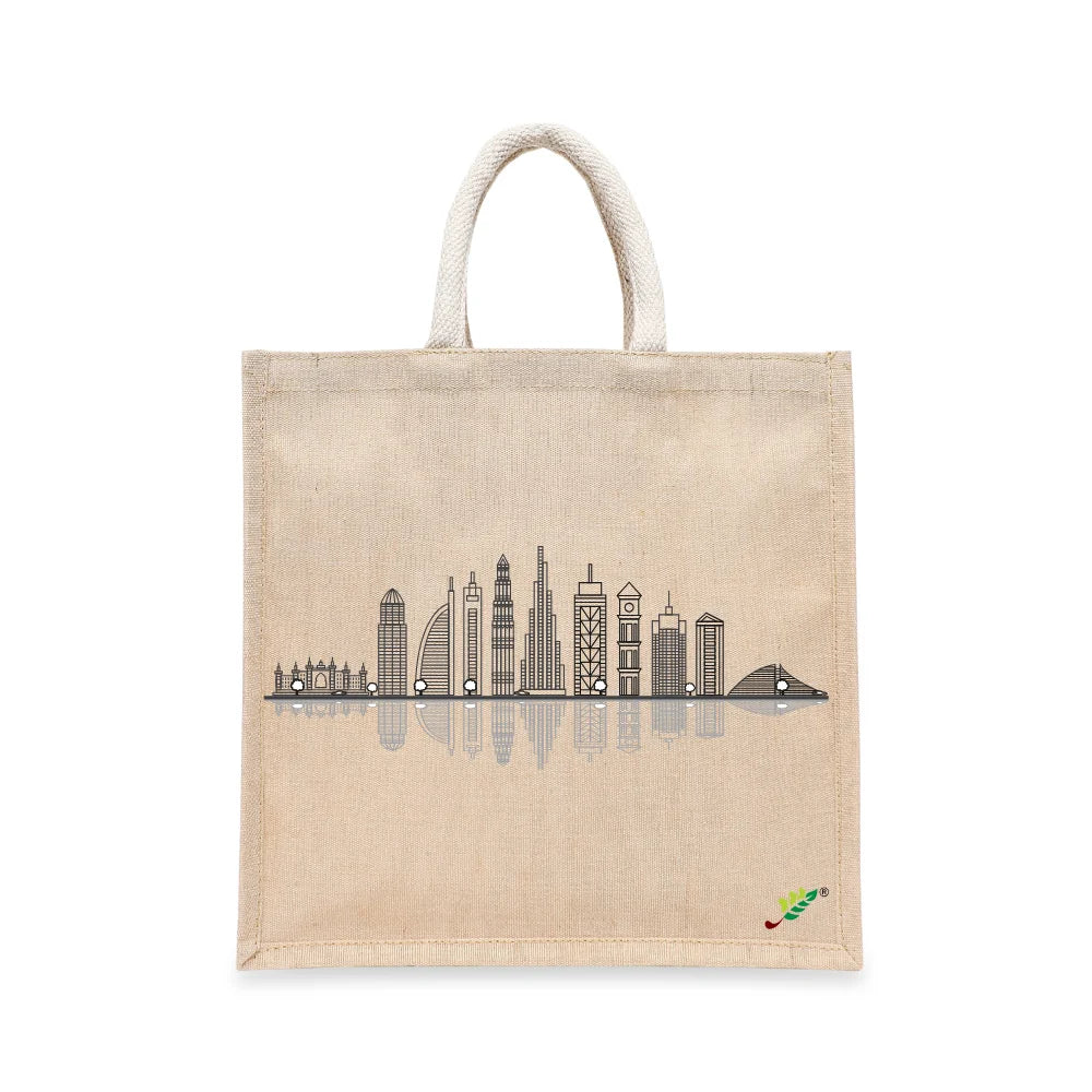 BYFT Modern Cityscape Tote Bag – Dubai Skyline Line Art Printed Reusable Tote | Eco-Friendly Daily Carry Bag (Set of 1)