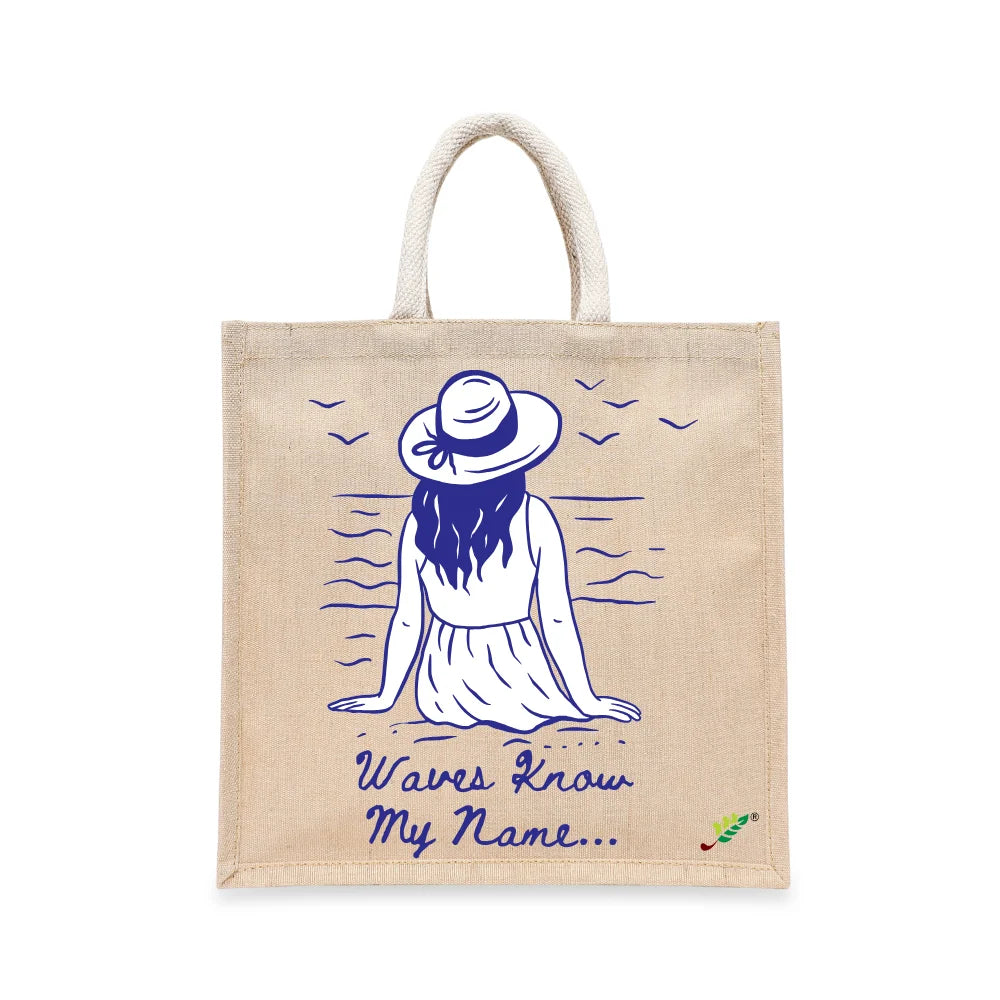 BYFT Nautical Women's Tote Bag – “Waves Know My Name” Blue Reusable Tote | Eco-Friendly Daily Carry Bag (Set of 1)