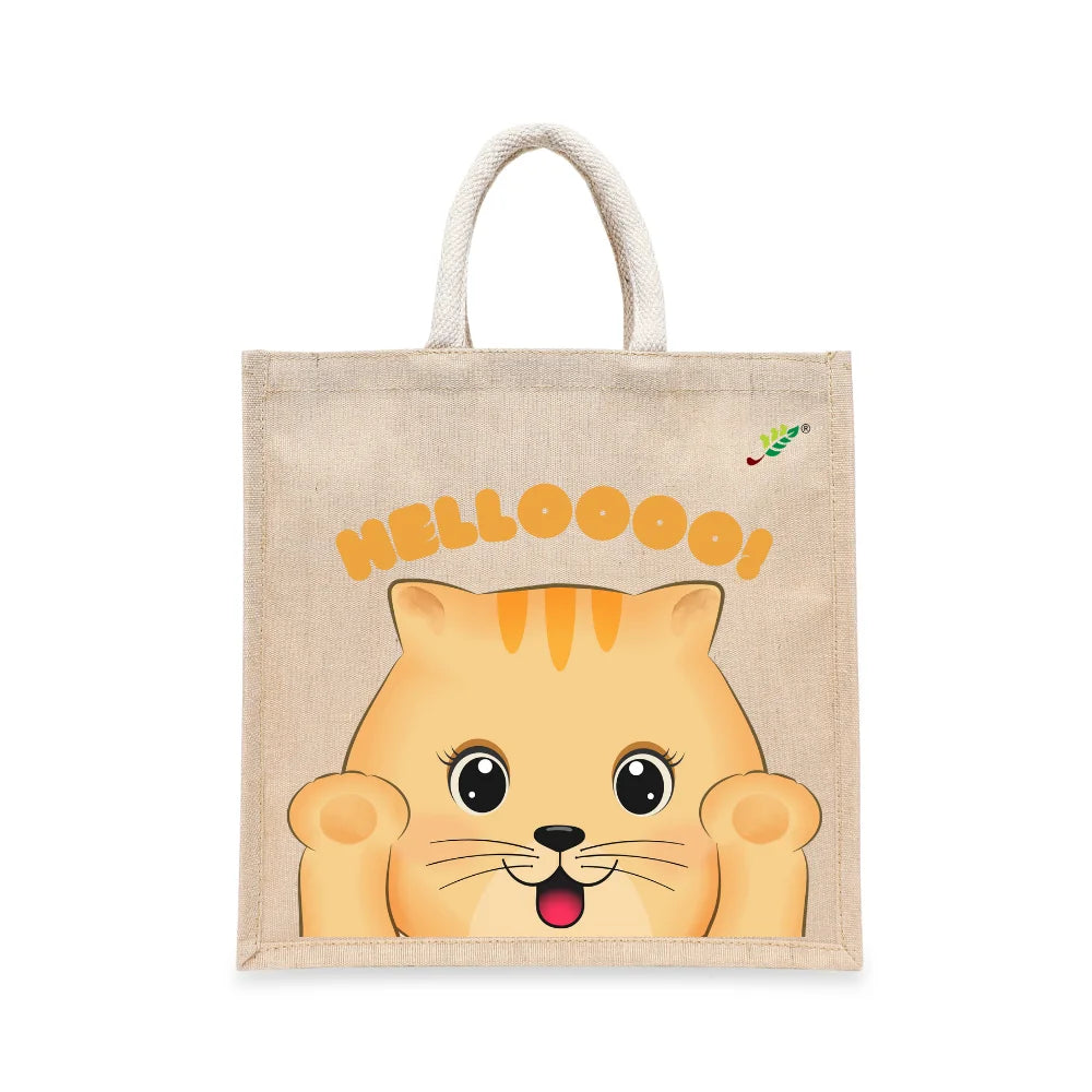BYFT Friendly Cat Tote Bag – “HELLOOOO!” Ginger Kitten Printed Reusable Tote | Eco-Friendly Daily Carry Bag (Set of 1)