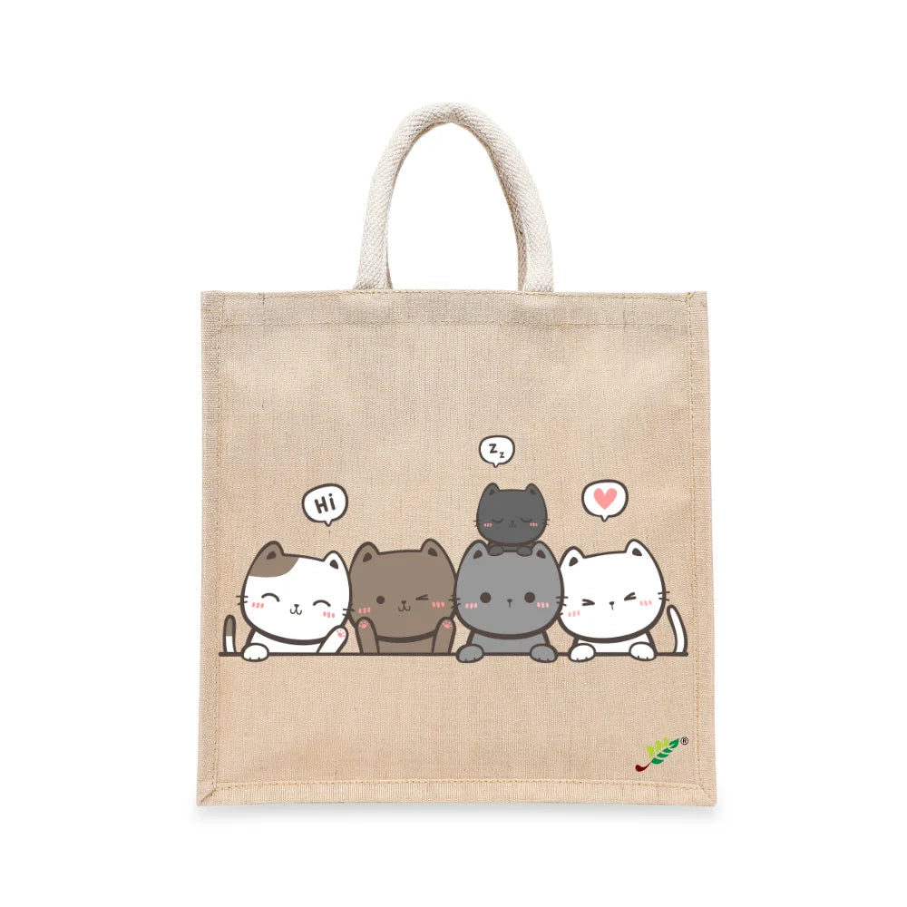BYFT Adorable Feline Friends Tote Bag – Cute Kitty Printed Reusable Tote | Eco-Friendly Daily Carry Bag (Set of 1)