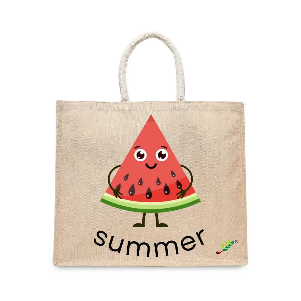 BYFT Happy Watermelon Slice Tote Bag – “Summer” Kawaii Fruit Character Reusable Tote | Eco-Friendly Daily Carry Bag (Set of 1)
