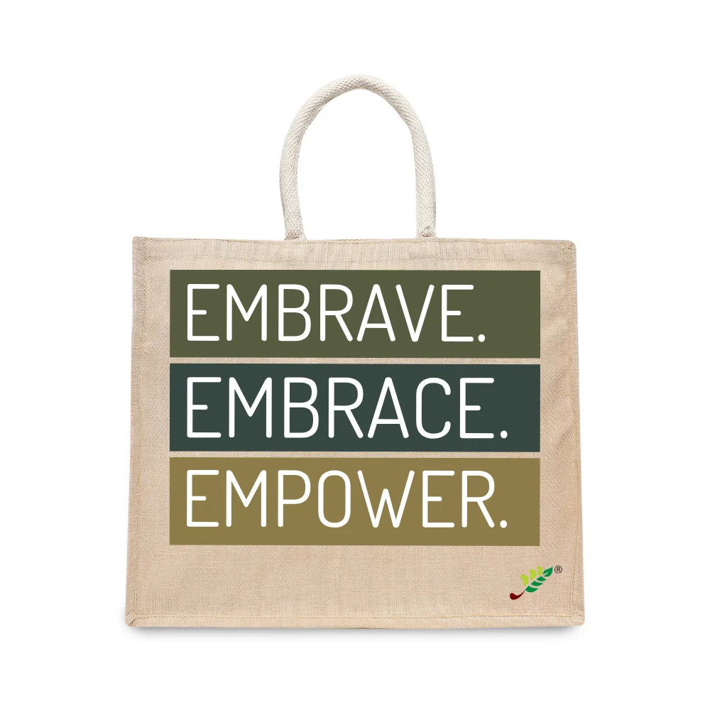 BYFT Inspirational Typography Tote Bag – “Embrave. Embrace. Empower.” Printed Reusable Tote | Eco-Friendly Daily Carry Bag (Set of 1)