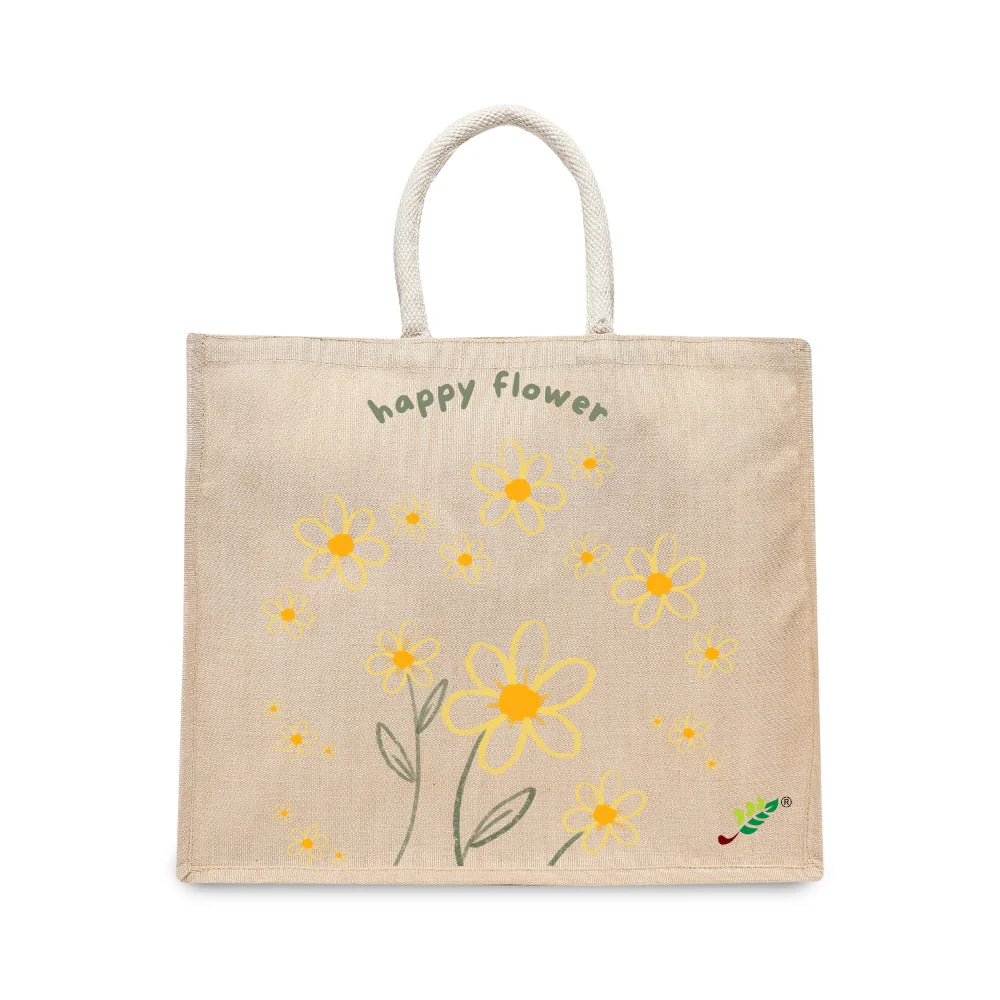 BYFT Whimsical Floral Tote Bag – “Happy Flower” Daisy Reusable Tote | Eco-Friendly Daily Carry Bag (Set of 1)