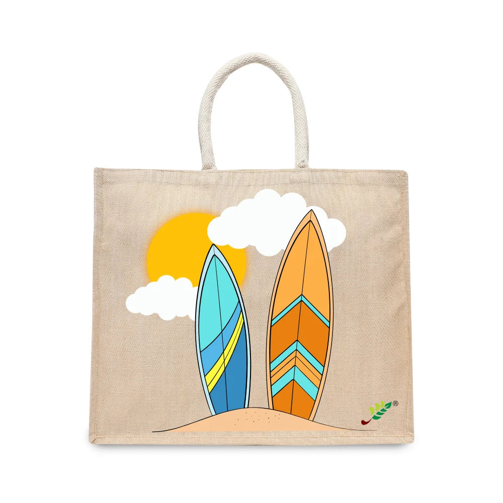 BYFT Tropical Surfboards Tote Bag – Retro Beach Vibes Printed Reusable Tote | Eco-Friendly Daily Carry Bag (Set of 1)