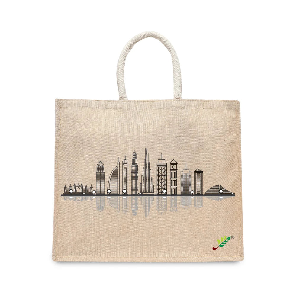 BYFT Modern Cityscape Tote Bag – Dubai Skyline Line Art Printed Reusable Tote | Eco-Friendly Daily Carry Bag (Set of 1)