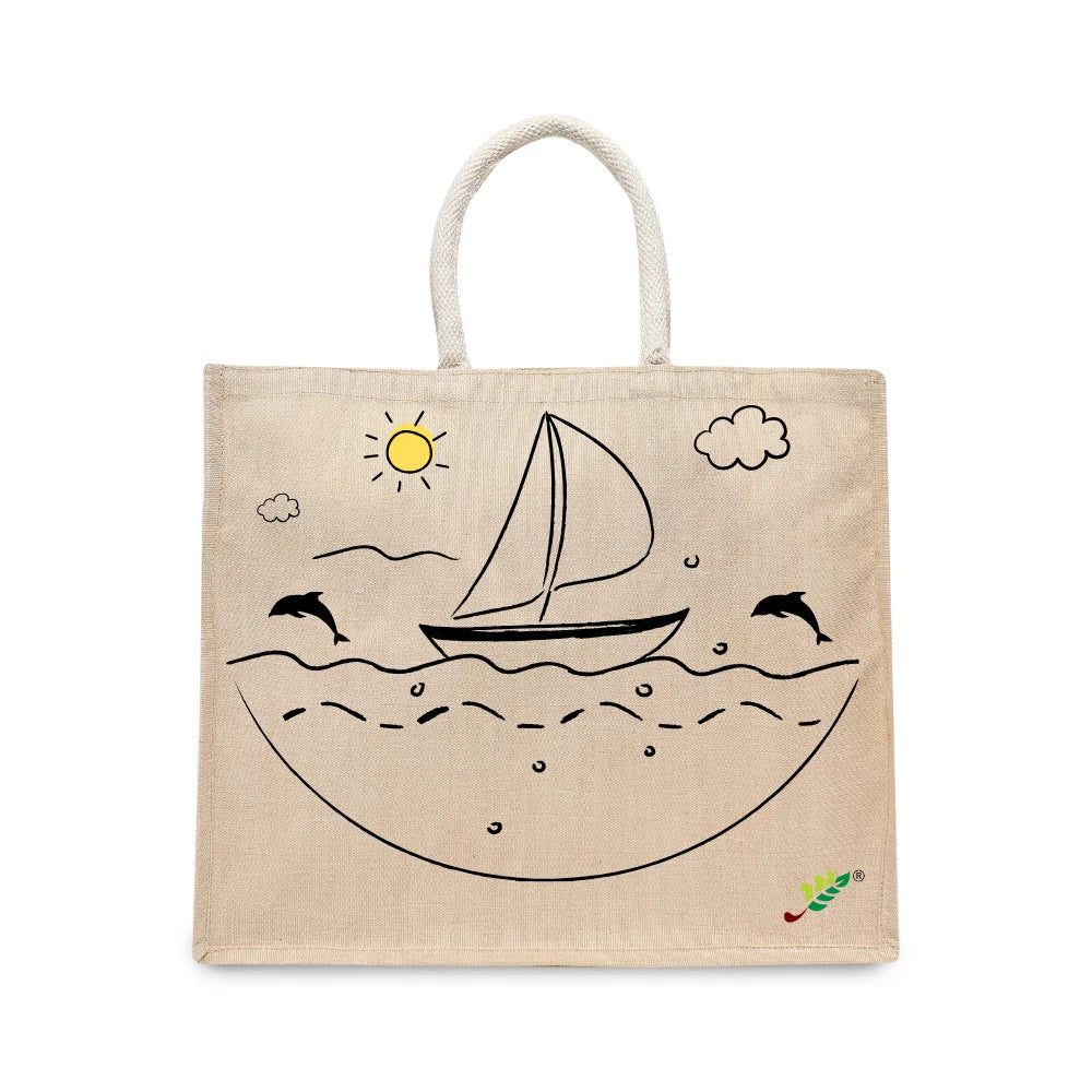 BYFT Nautical Adventure Tote Bag – “Ocean Dreams” Sailboat & Dolphin Printed Reusable Tote | Eco-Friendly Daily Carry Bag (Set of 1)