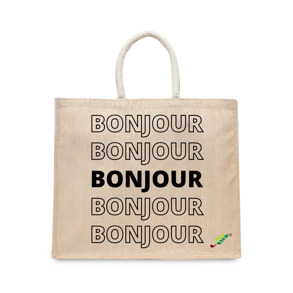 BYFT Typography Tote Bag – “Bonjour” Minimal Text Printed Tote | Reusable Everyday Carry (Set of 1)