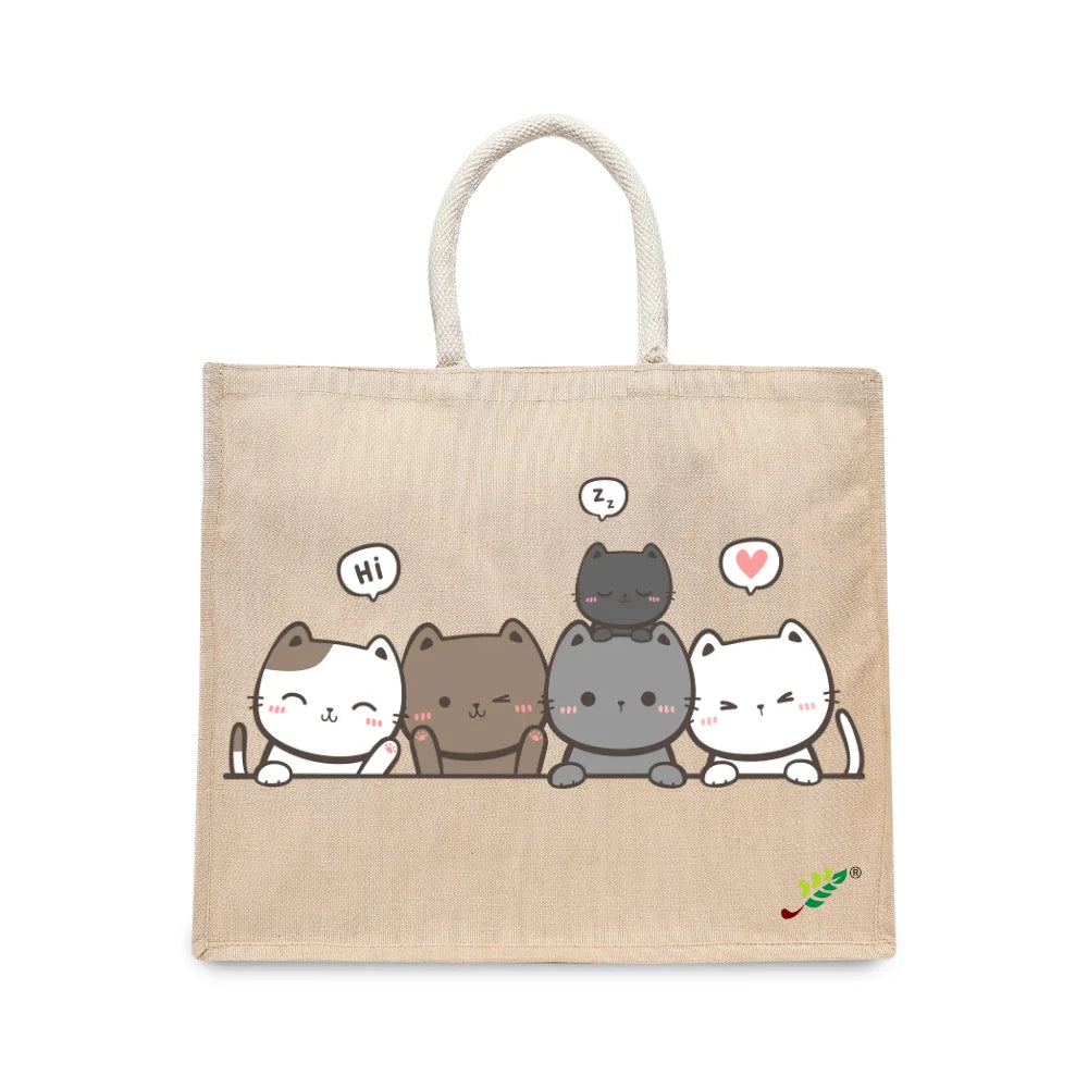 BYFT Adorable Feline Friends Tote Bag – Cute Kitty Printed Reusable Tote | Eco-Friendly Daily Carry Bag (Set of 1)