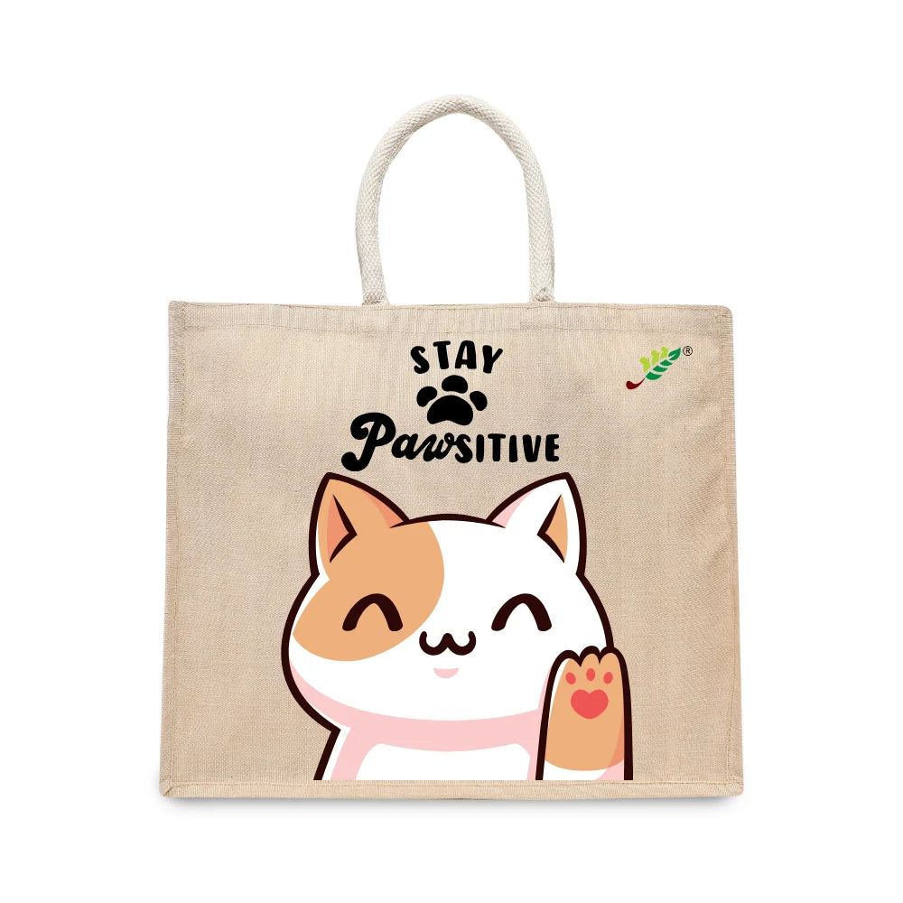 BYFT Happy Cat Tote Bag – “Stay Pawsitive” Waving Kitten Printed Reusable Tote | Eco-Friendly Daily Carry Bag (Set of 1)