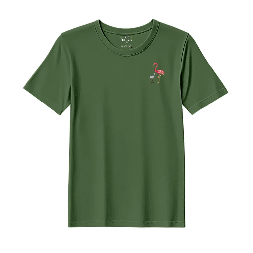 BYFT Threads Embroidered For You T-Shirt - Flamingo with Baby Flamingo Design
