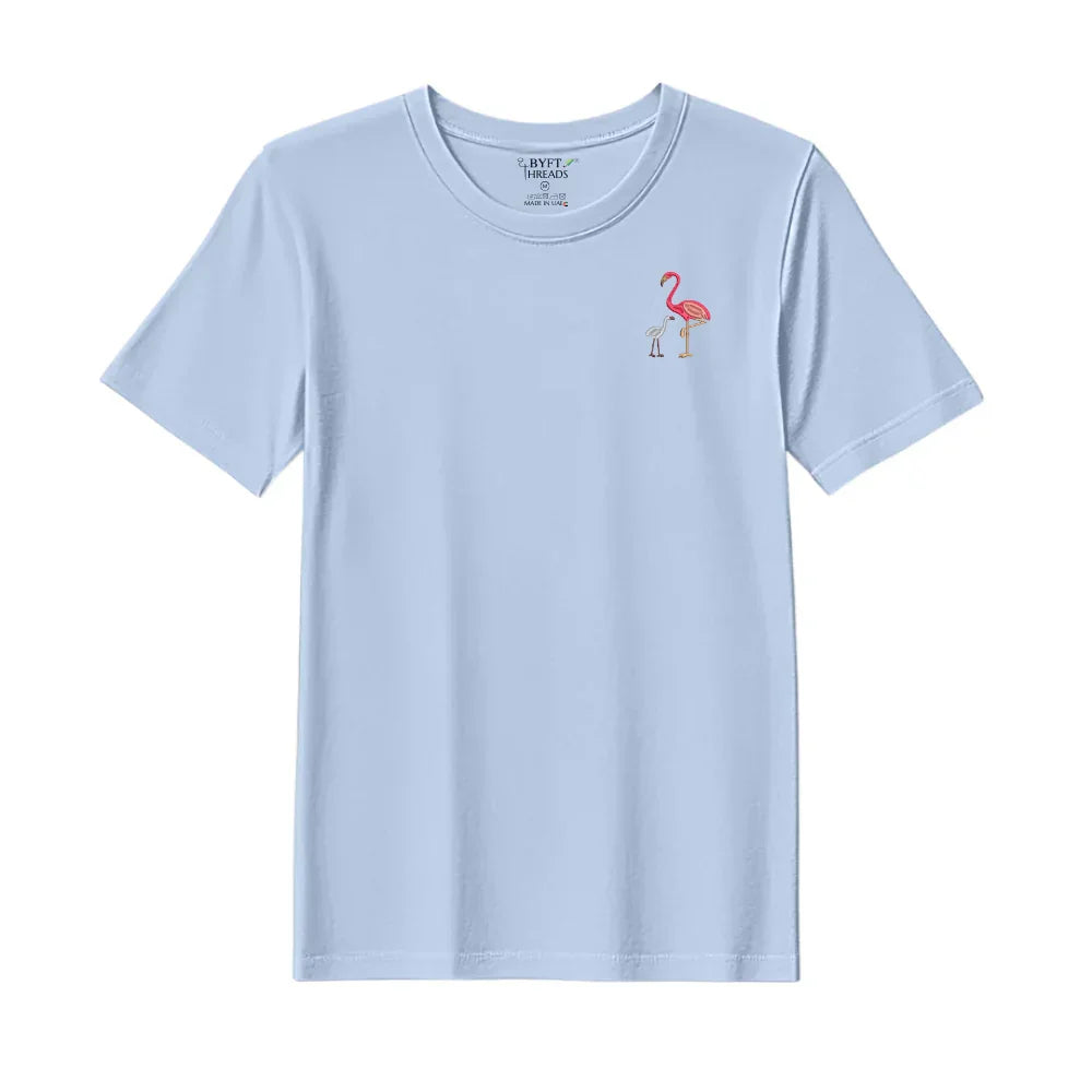 BYFT Threads Embroidered For You T-Shirt - Flamingo with Baby Flamingo Design