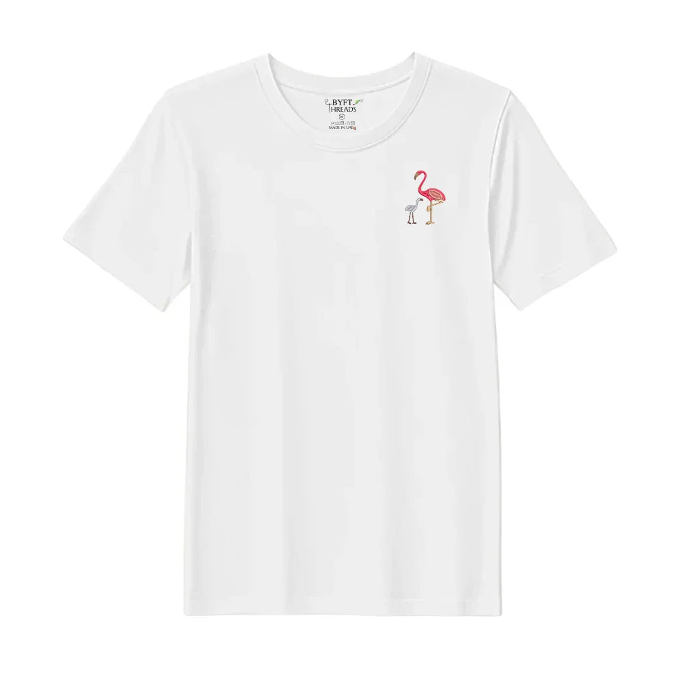 BYFT Threads Embroidered For You T-Shirt - Flamingo with Baby Flamingo Design