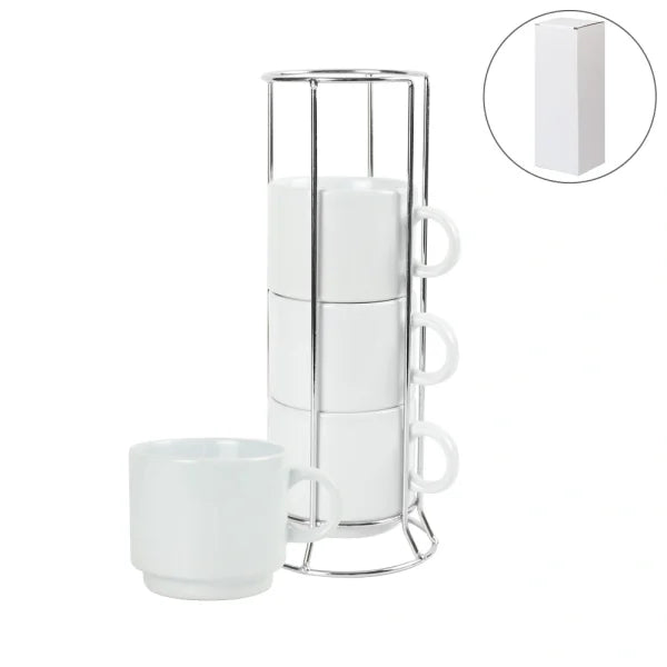 BYFT Ceramic Coffee Cups Set 4Pcs in Silver Metal Rack