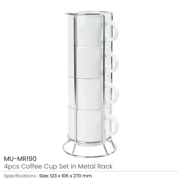 BYFT Ceramic Coffee Cups Set 4Pcs in Silver Metal Rack