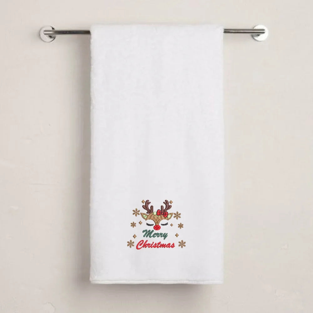 BYFT Embroidered For You Personalised Cotton Towel - Christmas - Cute Reindeer Merry Christmas Design High Quality Embroidery Perfect For Gifting