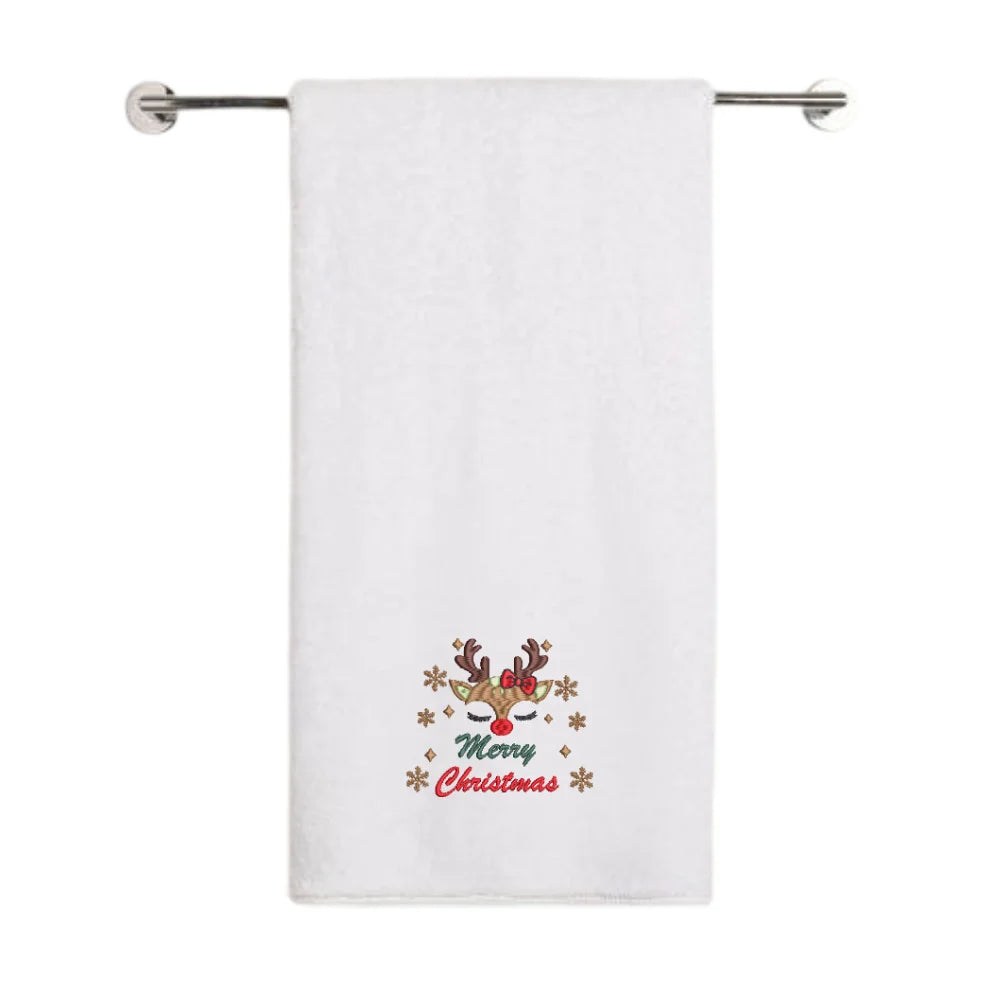 BYFT Embroidered For You Personalised Cotton Towel - Christmas - Cute Reindeer Merry Christmas Design High Quality Embroidery Perfect For Gifting