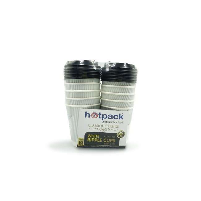 Hotpack Ripple Paper Cup with Black Lid - 10 Pcs | Hot Beverage Disposable Cup