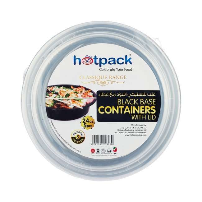 Hotpack Round Black Base Container with Lid - 5 Pcs | Microwaveable Meal Box