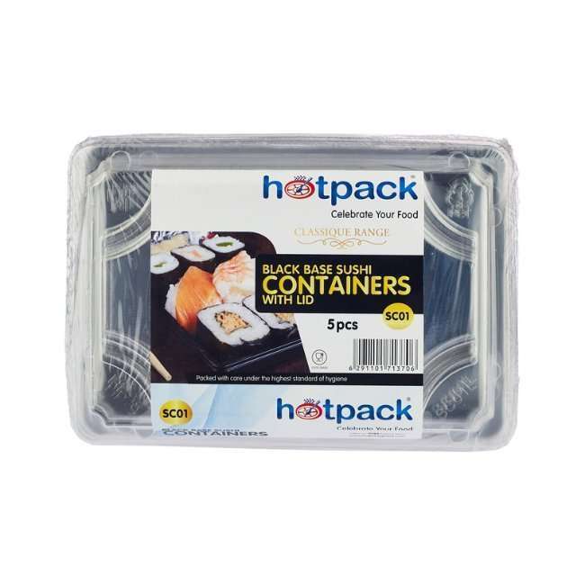 Hotpack Sushi Container with Lid - 5 Pcs | Black Plastic Tray