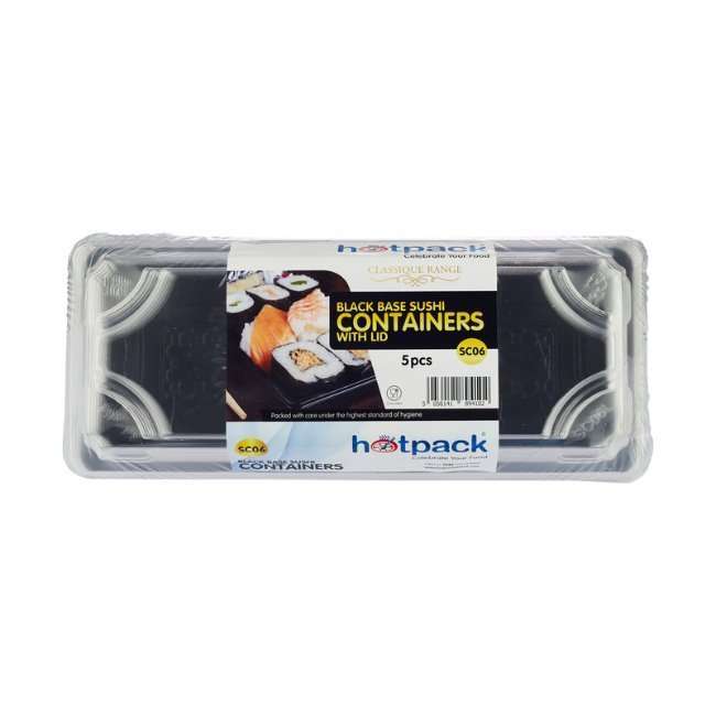 Hotpack Sushi Container with Lid - 5 Pcs | Black Plastic Tray