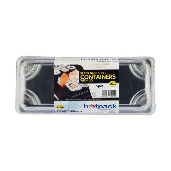 Hotpack Sushi Container with Lid - 5 Pcs | Black Plastic Tray