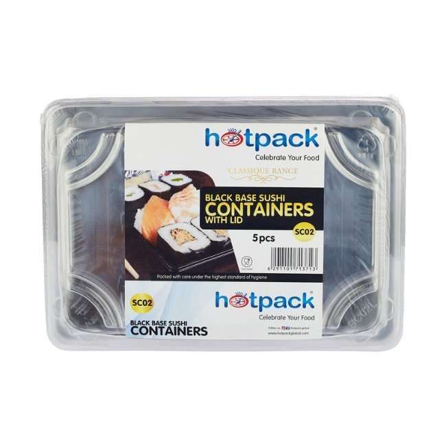 Hotpack Sushi Container with Lid - 5 Pcs | Black Plastic Tray