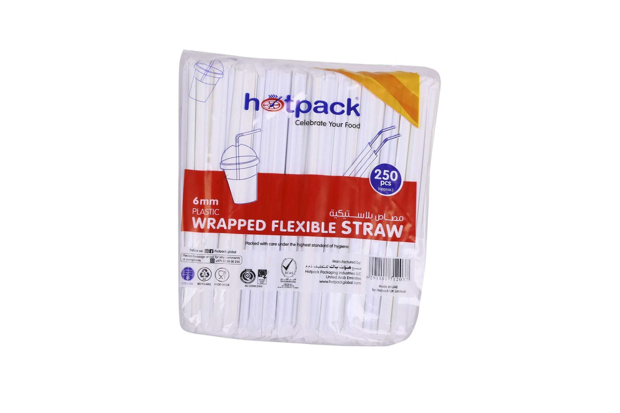 Hotpack Flexible Straw 6mm Wrapped - 250 Pcs
