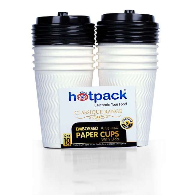 Hotpack White Embossed Paper Cups + Lid - 10 Pcs | Stylish Hot Cup