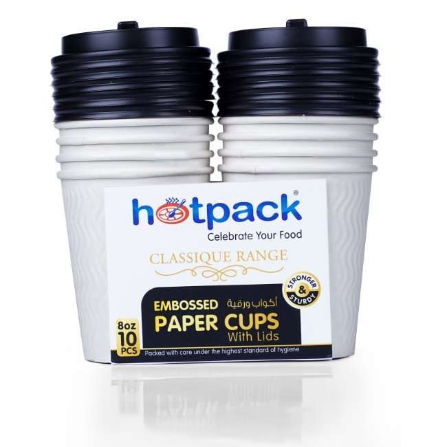 Hotpack White Embossed Paper Cups + Lid - 10 Pcs | Stylish Hot Cup