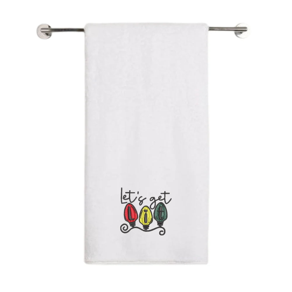BYFT Embroidered For You Personalised Cotton Towel - Christmas - Let’s Get Lit Christmas Lights Design High Quality Embroidery Perfect For Gifting