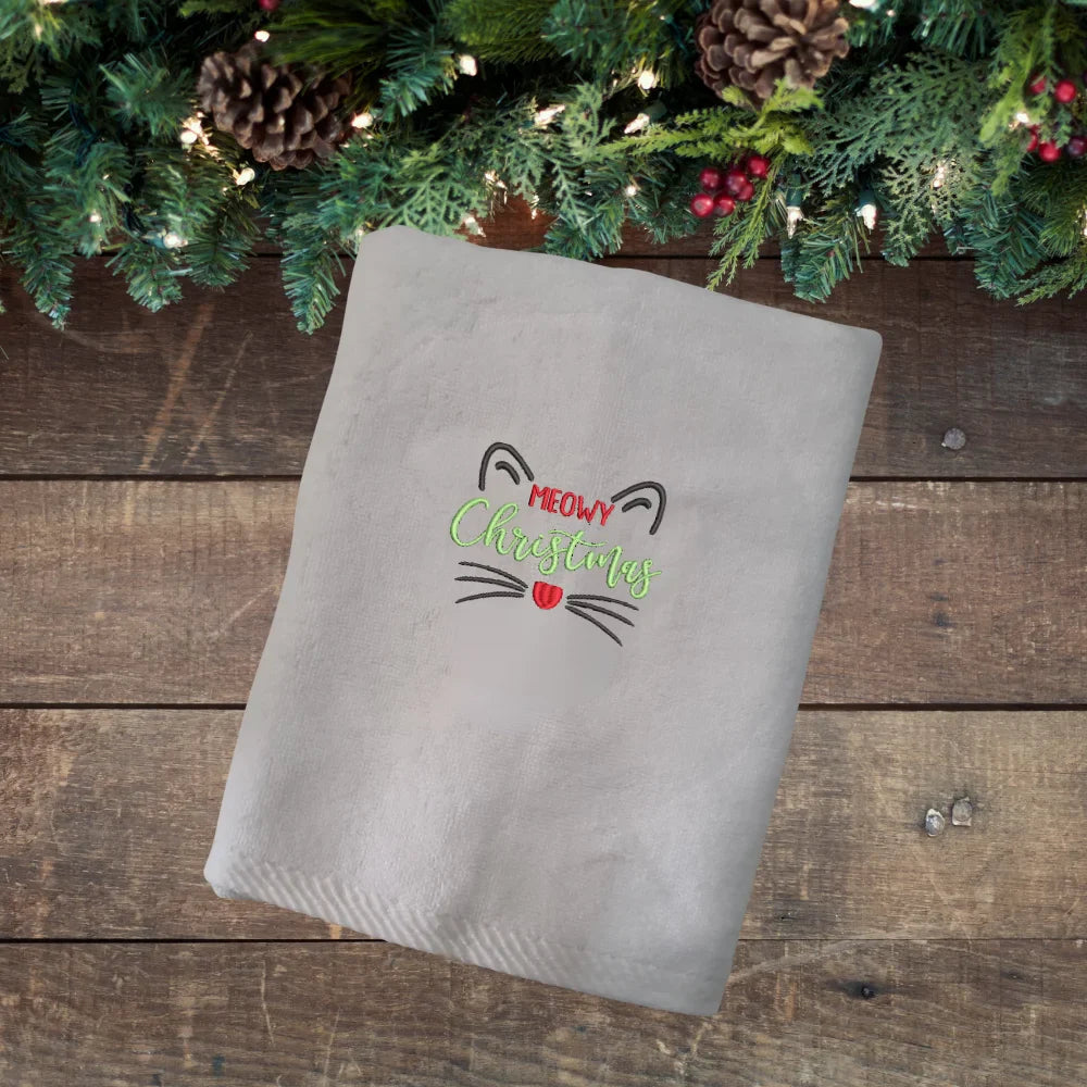 BYFT Embroidered For You Personalised Cotton Towel - Christmas - Meowy Christmas Cat Design High Quality Embroidery Perfect For Gifting