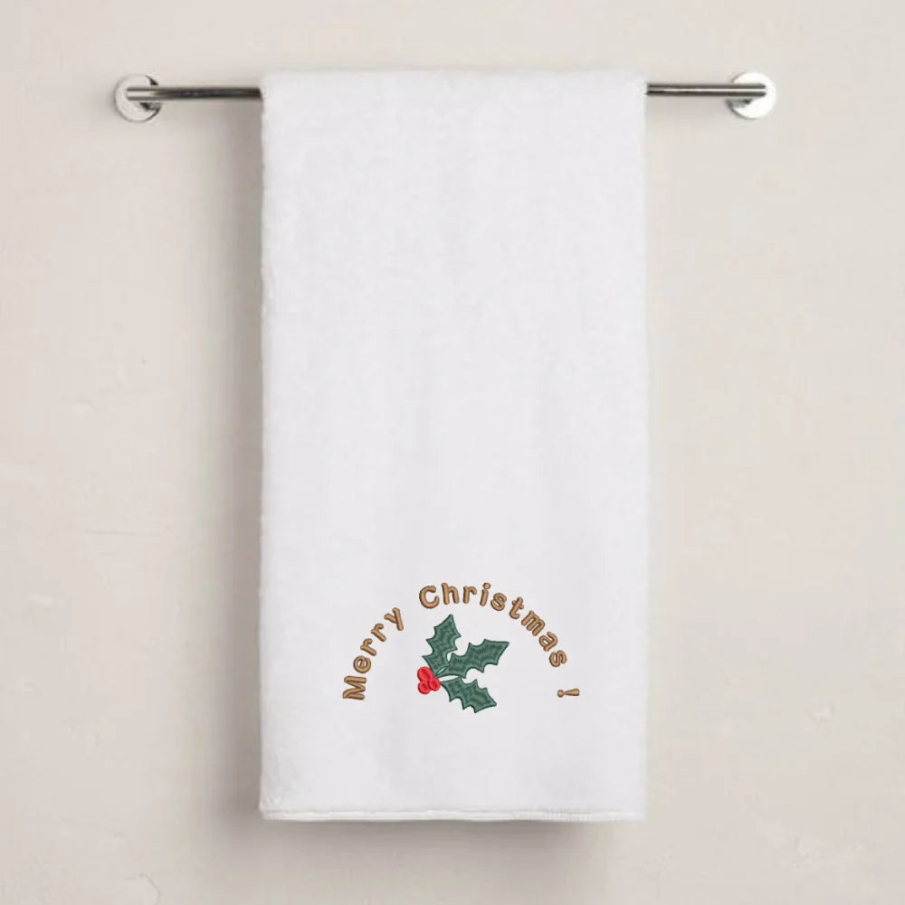 BYFT Embroidered For You Personalised Cotton Towel - Christmas - Merry Christmas Holly Wreath Arc Design High Quality Embroidery Perfect For Gifting