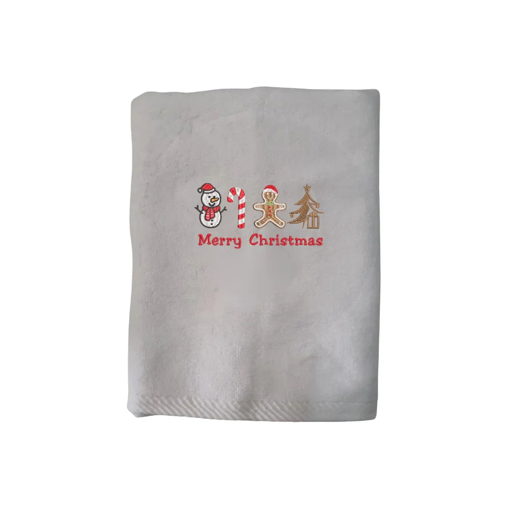 BYFT Embroidered For You Personalised Cotton Towel - Christmas - Merry Christmas Icons (Snowman + Candy Cane + Gingerbread + Tree) Design High Quality Embroidery Perfect For Gifting