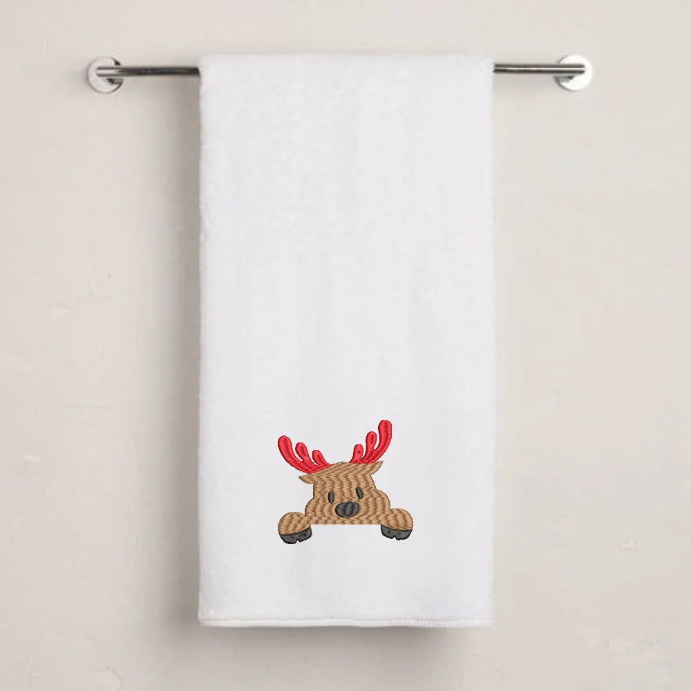 BYFT Embroidered For You Personalised Cotton Towel - Christmas - Peeking Reindeer Design High Quality Embroidery Perfect For Gifting
