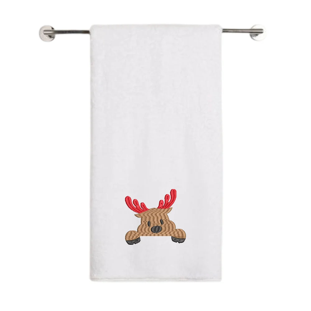 BYFT Embroidered For You Personalised Cotton Towel - Christmas - Peeking Reindeer Design High Quality Embroidery Perfect For Gifting