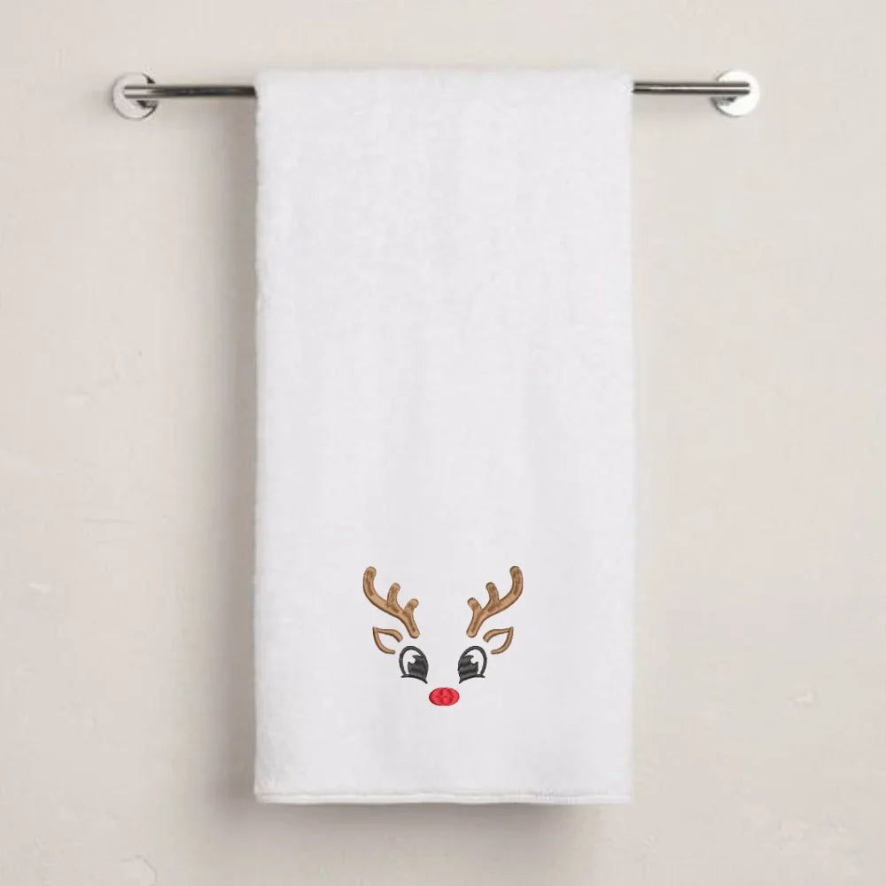 BYFT Embroidered For You Personalised Cotton Towel - Christmas - Reindeer Face Design High Quality Embroidery Perfect For Gifting