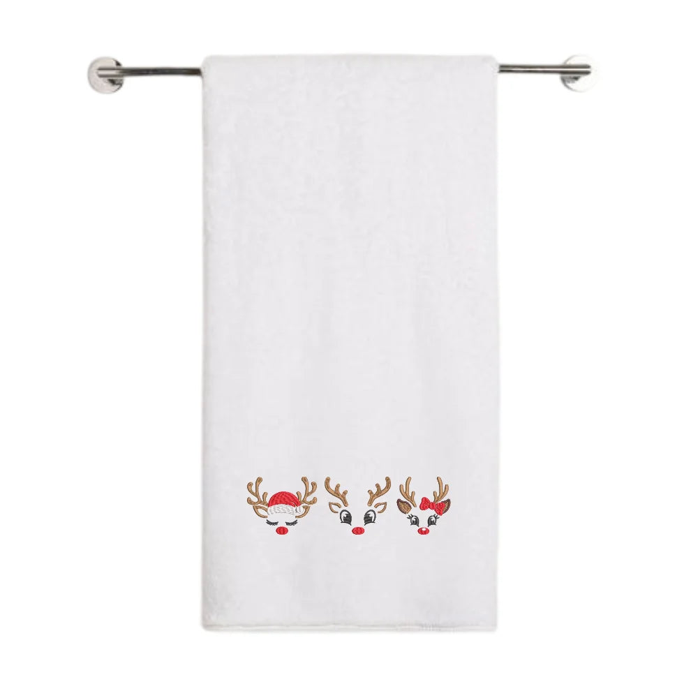 BYFT Embroidered For You Personalised Cotton Towel - Christmas - Reindeer Face Trio Design High Quality Embroidery Perfect For Gifting