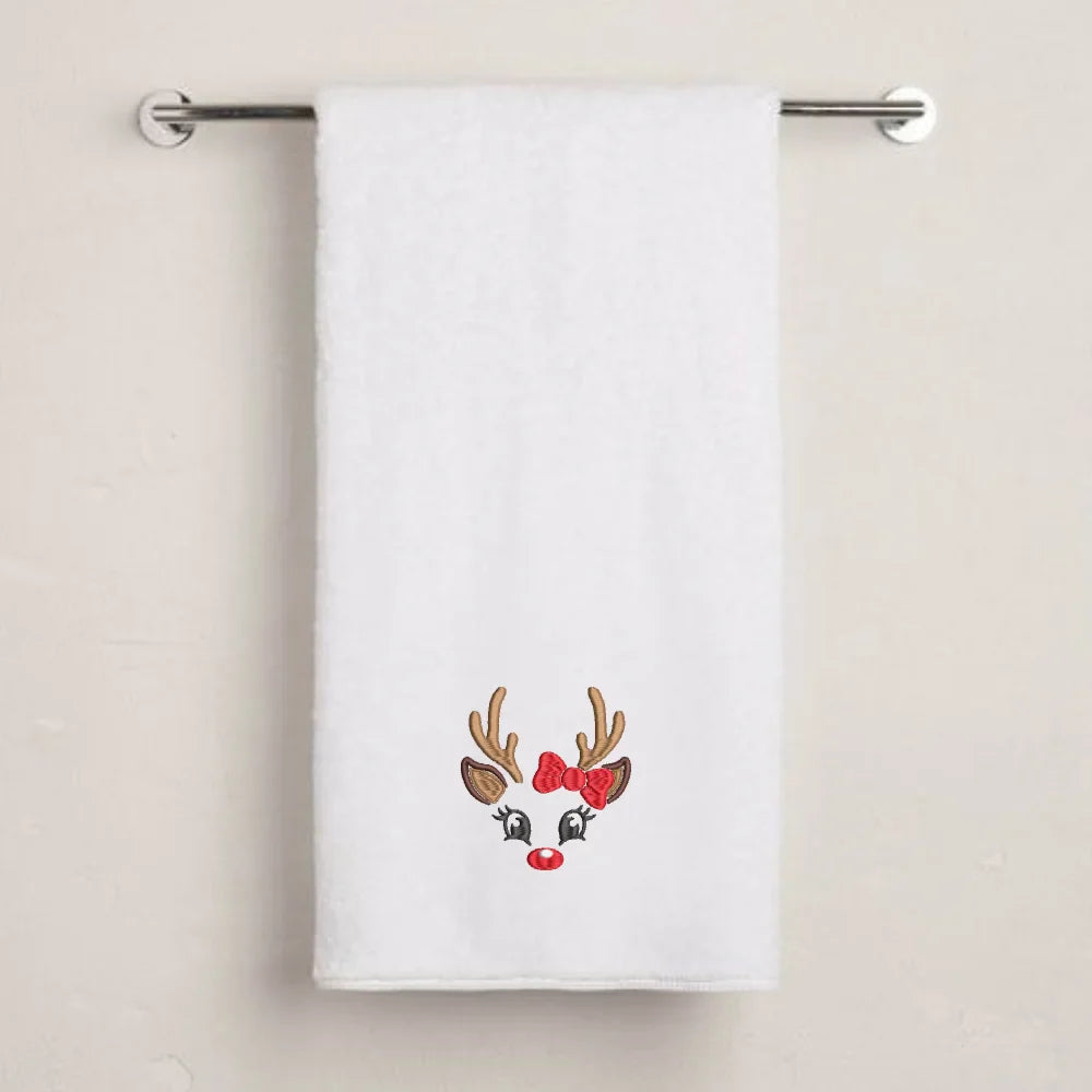 BYFT Embroidered For You Personalised Cotton Towel - Christmas - Reindeer Face with Bow Design High Quality Embroidery Perfect For Gifting