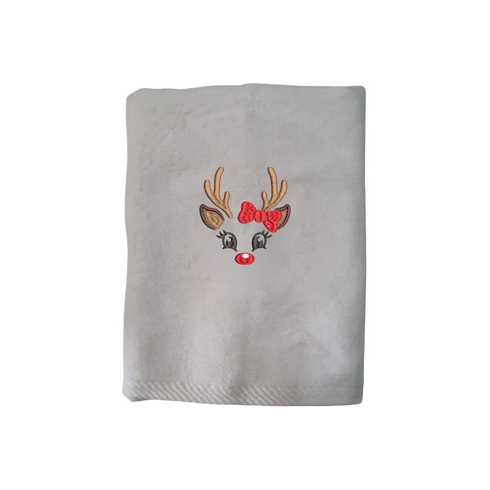 BYFT Embroidered For You Personalised Cotton Towel - Christmas - Reindeer Face with Bow Design High Quality Embroidery Perfect For Gifting