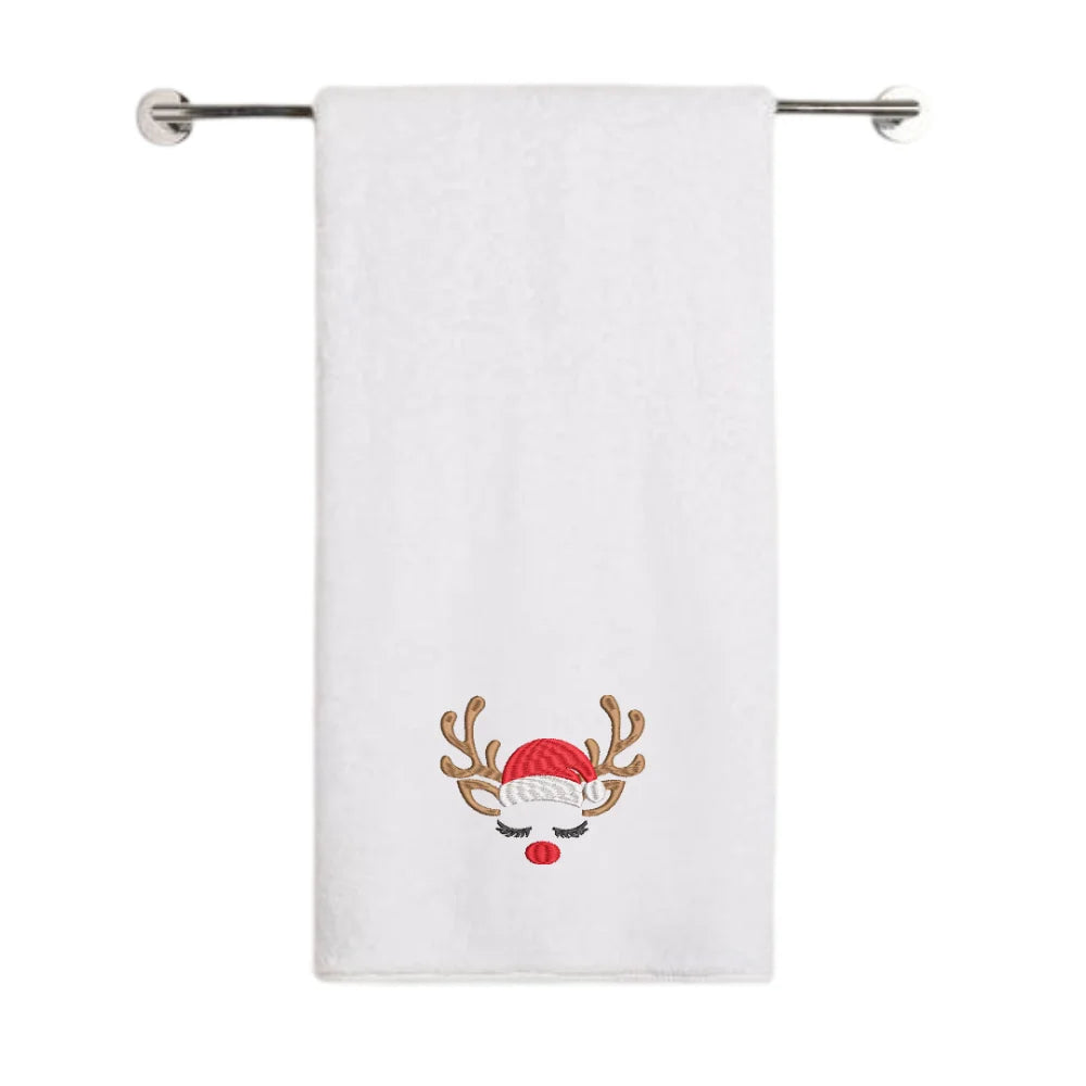 BYFT Embroidered For You Personalised Cotton Towel - Christmas - Sleeping Reindeer Face Design High Quality Embroidery Perfect For Gifting