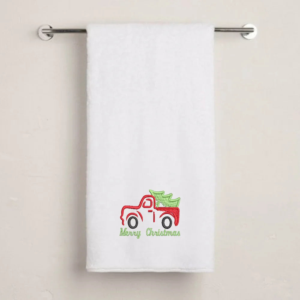 BYFT Embroidered For You Personalised Cotton Towel - Christmas - Vintage Christmas Truck with Tree Design High Quality Embroidery Perfect For Gifting
